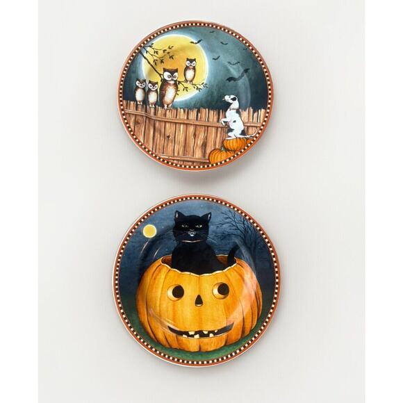 Sakura Pumpkin Hollow David Carter Owls Dog Cat Pumpkin Plate Set 8 1/4”